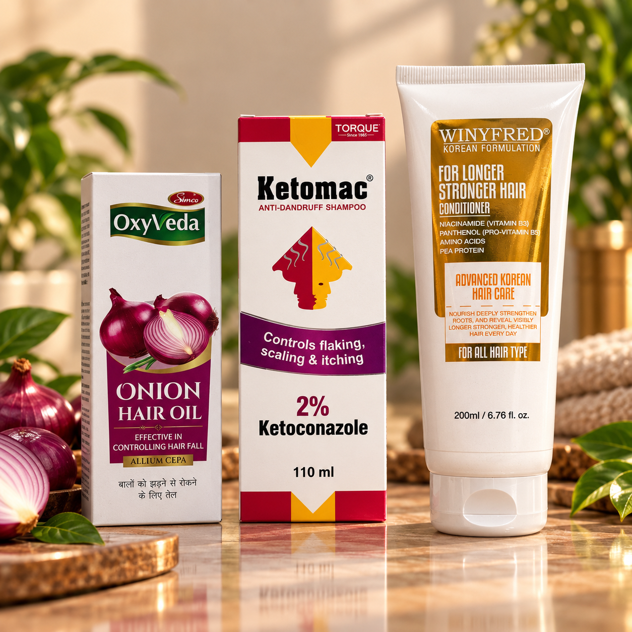 Hair Care Combo of 3 – Ketomac Shampoo, Simco's OxyVeda Onion Hair Oil & WINYFRED Conditioner