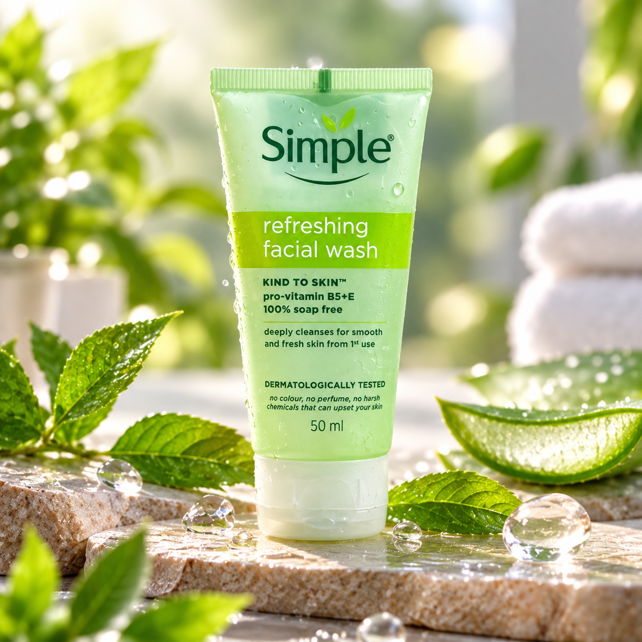 Simple Kind to Skin Refreshing Facial Wash | 100% Soap-Free Gentle Cleanser with Vitamin E & Glycerin | for All Skin Types | Perfect for Sensitive Skin, 50 ML