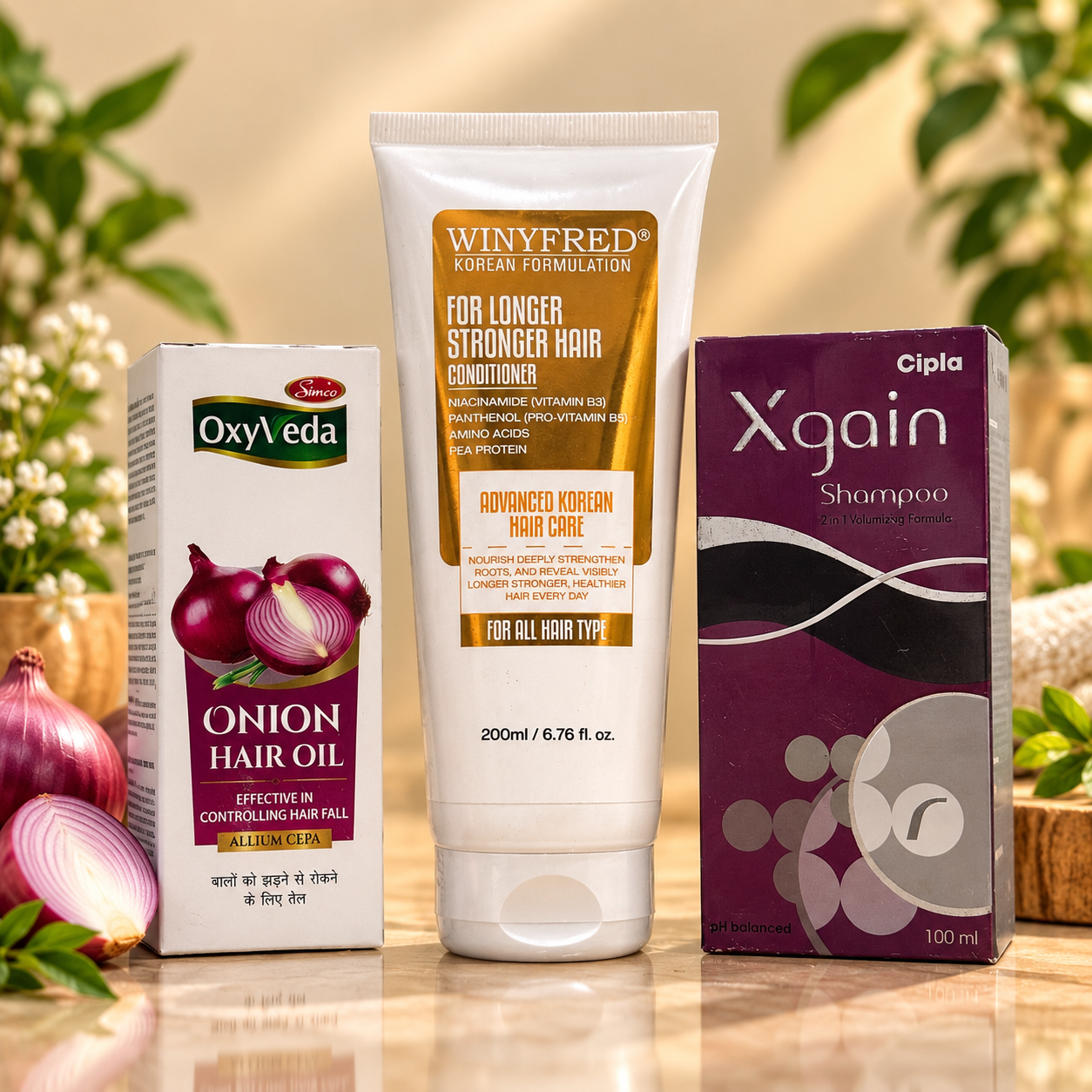 Hair Care Combo of 3 – Xgain 2-in-1 Volumizing Shampoo, Simco's OxyVeda Onion Hair Oil & WINYFRED Conditioner